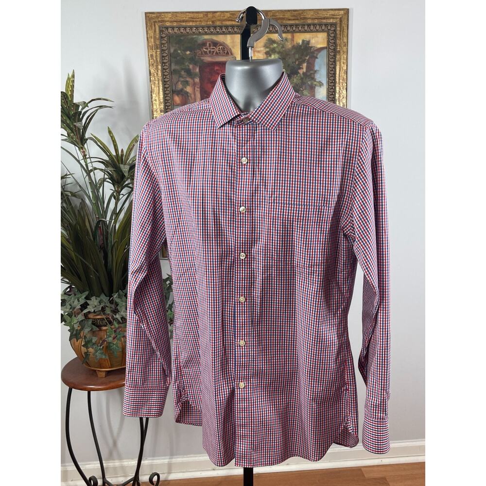 J.CREW Dress Shirt‎ Men's Medium Red Blue Gingham Check Long Sleeve Americana
